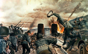 Poster printed by the US Army commemorating the capturing of the Ludendorff Bridge at Remagen. The official description is: "The Remagen Bridgehead - 7 March 1945" Department of the Army Poster 21-32 Here, on the Ludendorf Bridge crossing the Rhine at Remagen, Combat Command B, 9th Armored Division -- headed by the 27th Armored Infantry Battalion -- with "superb skill, daring and esprit de corps" successfully effected the first bridgehead across Germany's formidable river barrier and so contributed decisively to the defeat of the enemy. The 27th Battalion reached Remagen, found the bridge intact but mined for demolition. Although its destruction was imminent, without hesitation and in face of heavy fire the infantrymen rushed across the structure, and with energy and skill seized the surrounding high ground. The entire episode illustrates that high degree of initiative, leadership and gallantry toward which all armies strive but too rarely attain, and won for the Combat Command the Distinguished Unit Citation.