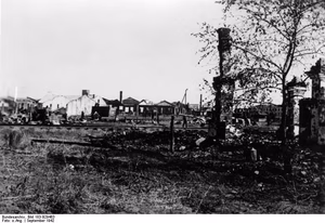 For documentary purposes the German Federal Archive often retained the original image captions , which may be erroneous, biased, obsolete or politically extreme . Russland, Kampf um Stalingrad, Zerstörungen An der Sowjetfront: Blick auf die restlos zerstörten Anlagen des Flugplatzes von Stalingrad-Süd. PK-Aufnahme Kriegsberichter Heine (Sch) 5627-42 "Fr. Fr. OKW" September 1942 [Herausgabedatum] [Sowjetunion.- Schlacht um Stalingrad]
