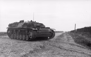 Sowjetunion-Mitte.- Sturmgeschütz III auf Straße; PK 689 — Russland