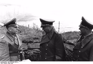 April 1944, Generalfeldmarschall Günther von Kluge (center) visiting the Atlantic Wall with two German Generals ; in the rear, cliffs of Haute-Normandie or of North of France.