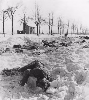 Bodies of U.S. officers and soldiers slain by the Nazis after capture near Malmedy, Belgium. NARA 196544