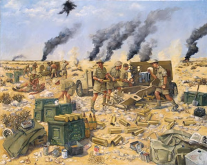 Guns of the 11th Field Regiment in Action With Robcol, Ruweisat Ridge, El Alamein July 1942 image: British field artillery firing on German tanks in the desert. In the distance there are columns of smoke filling the sky. On the left one man is attending to a wounded soldier who lies on the ground. The foreground is filled with bags, shell cases, food containers and rations scattered across the sand.