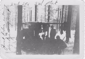 Notations on the photo state "Just before entering Hurtgen Forest - 2nd SEC - 2nd Plat" - A few members of 2nd Platoon, Reconnaissance Company, 644th Tank Destroyer Battalion - November 1944. T/5 James Lee on right (me)