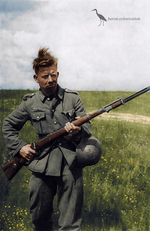 I have no information on this photo so all that information is educated guesswork Clues that makes me think it’s Operation Barbarossa: Photo was likely taken in summer based on the background Most Barbarossa photos feature wide open grassy fields like this, makes me also think he could be part of Army Group Centre The soldier is very characteristically 1941 dressed - no green collar, decal on helmet The atmosphere doesn’t really have the same nightmarish hell on earth feel that Eastern Front photos gradually gained over the years Colorized by me