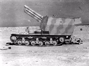 A captured German 15 cm sFH 13/1 (Sf) auf Geschützwagen Lorraine Schlepper(f) in North Africa, in early 1943.