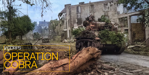 U.S. tanks pass through the wrecked streets of Coutances, France. This illustration was created using Adobe Photoshop, with added yellow box and text to highlight the significance of Operation Cobra and V Corps' contributions, and the photo was colorized using Photoshop restoration tools. (U.S. Army illustration by Tyler Brock)