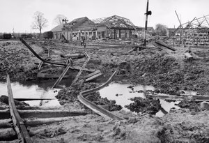 The remains of the heavily-bombed railway station in Holland, November 1944. The result of bombing attacks seen at the station.