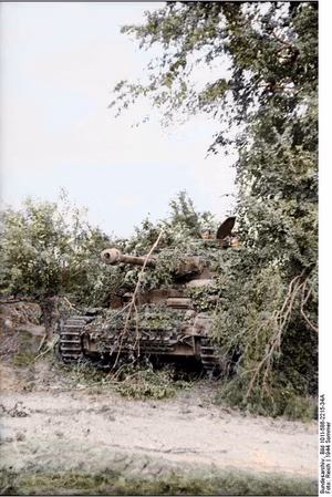 This is a retouched picture , which means that it has been digitally altered from its original version. Modifications: recolored . The original can be viewed here: Bundesarchiv Bild 101I-586-2215-34A, Frankreich, Panzer in Deckung.jpg : . Modifications made by Ruffneck'88 . .mw-parser-output table.commons-file-information-table,.mw-parser-output .fileinfotpl-type-information,.mw-parser-output .fileinfotpl-type-artwork{border:1px solid var(--border-color-base,#a2a9b1);background-color:var(--background-color-interactive-subtle,#f8f9fa);padding:5px;font-size:95%;border-spacing:2px;box-sizing:border-box;margin:0;width:100%;color:inherit}.mw-parser-output table.commons-file-information-table>tbody>tr,.mw-parser-output .fileinfotpl-type-information>tbody>tr,.mw-parser-output .fileinfotpl-type-artwork>tbody>tr{vertical-align:top}.mw-parser-output table.commons-file-information-table>tbody>tr>td,.mw-parser-output table.commons-file-information-table>tbody>tr>th,.mw-parser-output .fileinfotpl-type-information>tbody>tr>td,.mw-parser-output .fileinfotpl-type-information>tbody>tr>th,.mw-parser-output .fileinfotpl-type-artwork>tbody>tr>td,.mw-parser-output .fileinfotpl-type-artwork>tbody>tr>th{padding:4px}.mw-parser-output .fileinfo-paramfield{background:#ccf;text-align:right;padding-right:0.4em;width:15%;font-weight:bold;color:inherit}.mw-parser-output .commons-file-information-table+table.commons-file-information-table,.mw-parser-output .commons-file-information-table+div.commons-file-information-table>table{border-top:0;padding-top:0;margin-top:-8px}@media only screen and (max-width:719px){.mw-parser-output table.commons-file-information-table,.mw-parser-output .commons-file-information-table .fileinfotpl-type-information,.mw-parser-output .commons-file-information-table .fileinfotpl-type-artwork{border-spacing:0;padding:0;word-break:break-word;width:100%!important}.mw-parser-output .commons-file-information-table>tbody,.mw-parser-output .fileinfotpl-type-information>tbody,.mw-parser-output .fileinfotpl-type-artwork>tbody{display:block}.mw-parser-output .commons-file-information-table>tbody>tr>td,.mw-parser-output .commons-file-information-table>tbody>tr>th,.mw-parser-output .fileinfotpl-type-information>tbody>tr>td,.mw-parser-output .fileinfotpl-type-information>tbody>tr>th,.mw-parser-output .fileinfotpl-type-artwork>tbody>tr>td,.mw-parser-output .fileinfotpl-type-artwork>tbody>tr>th{padding:0.2em 0.4em;text-align:left;text-align:start}.mw-parser-output .commons-file-information-table>tbody>tr,.mw-parser-output .fileinfotpl-type-information>tbody>tr,.mw-parser-output .fileinfotpl-type-artwork>tbody>tr{display:flex;flex-direction:column}.mw-parser-output .commons-file-information-table+table.commons-file-information-table,.mw-parser-output .commons-file-information-table+div.commons-file-information-table>table{margin-top:-1px}.mw-parser-output table .fileinfo-paramfield{box-sizing:border-box;flex:1 0 100%;width:100%}}.mw-parser-output table.commons-file-information-table,.mw-parser-output .fileinfotpl-type-information,.mw-parser-output .fileinfotpl-type-artwork,.mw-parser-output .fileinfo-paramfield{color:var(--color-base,#202122)}html.skin-theme-clientpref-night .mw-parser-output .fileinfo-paramfield{background:#2a2a5c;color:white}html.skin-theme-clientpref-night .mw-parser-output .fileinfotpl-type-artwork tbody>tr>th[style*="#ccf"]{background-color:#2a2a5c!important;color:white}@media screen and (prefers-color-scheme:dark){html.skin-theme-clientpref-os .mw-parser-output .fileinfo-paramfield{background:#2a2a5c;color:white}html.skin-theme-clientpref-os .mw-parser-output .fileinfotpl-type-artwork tbody>tr>th[style*="#ccf"]{background-color:#2a2a5c!important;color:white}} Frankreich; Panzer in Deckung ( ) Photographer Reich Archive description InfoField Description provided by the archive when the original description is incomplete or wrong. You can help by reporting errors and typos at Commons:Bundesarchiv/Error reports . Frankreich, Sommer 1944, getarnter Panzer IV in Deckung; PK Fallschirmjäger AOK Title Frankreich; Panzer in Deckung Date 21 June 1944 date QS:P571,+1944-06-21T00:00:00Z/11 Collection German Federal Archives Native name Das Bundesarchiv Parent institution Federal Government Commissioner for Culture and Media Location Koblenz (headquarters) Coordinates 50° 20′ 32.71″ N, 7° 34′ 21.22″ E Established 1946 Website www.bundesarchiv.de Authority file : Q685753 VIAF : 137346469 ISNI : 0000000405552728 LCCN : n92025526 NLA : 36455393 OSM : 1844909 WorldCat institution QS:P195,Q685753 Current location Propagandakompanien der Wehrmacht - Heer und Luftwaffe (Bild 101 I) Accession number Bild 101I-586-2215-34A Source This image was provided to Wikimedia Commons by the German Federal Archive (Deutsches Bundesarchiv) as part of a cooperation project . The German Federal Archive guarantees an authentic representation only using the originals (negative and/or positive), resp. the digitalization of the originals as provided by the Digital Image Archive .