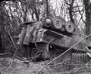The Campaign in Normandy 1944 German PzKpfw VI Tiger tank overturned during the Allied heavy bombing at the beginning of Operation 'Goodwood', July 1944.