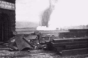German bombs fall near the Ludendorff Bridge after it was captured by the U.S. Army