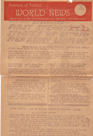 April 27, 1945 U.S. Army office internal communication with 1st accounting of actual soldier statements at the Elbe Rivereated by unit employees in the scope of thier duties
