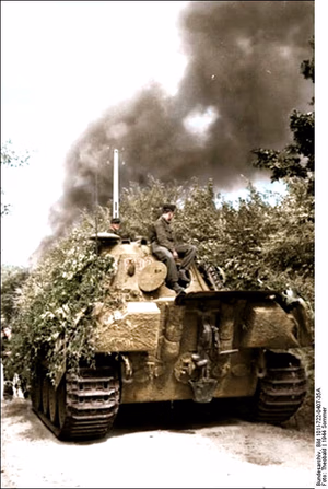 This is a retouched picture , which means that it has been digitally altered from its original version. Modifications: recolored . The original can be viewed here: Bundesarchiv Bild 101I-722-0407-35A, Frankreich, Panzer V "Panther" mit Panzersoldaten.jpg : . Modifications made by Ruffneck'88 . .mw-parser-output table.commons-file-information-table,.mw-parser-output .fileinfotpl-type-information,.mw-parser-output .fileinfotpl-type-artwork{border:1px solid var(--border-color-base,#a2a9b1);background-color:var(--background-color-interactive-subtle,#f8f9fa);padding:5px;font-size:95%;border-spacing:2px;box-sizing:border-box;margin:0;width:100%;color:inherit}.mw-parser-output table.commons-file-information-table>tbody>tr,.mw-parser-output .fileinfotpl-type-information>tbody>tr,.mw-parser-output .fileinfotpl-type-artwork>tbody>tr{vertical-align:top}.mw-parser-output table.commons-file-information-table>tbody>tr>td,.mw-parser-output table.commons-file-information-table>tbody>tr>th,.mw-parser-output .fileinfotpl-type-information>tbody>tr>td,.mw-parser-output .fileinfotpl-type-information>tbody>tr>th,.mw-parser-output .fileinfotpl-type-artwork>tbody>tr>td,.mw-parser-output .fileinfotpl-type-artwork>tbody>tr>th{padding:4px}.mw-parser-output .fileinfo-paramfield{background:#ccf;text-align:right;padding-right:0.4em;width:15%;font-weight:bold;color:inherit}.mw-parser-output .commons-file-information-table+table.commons-file-information-table,.mw-parser-output .commons-file-information-table+div.commons-file-information-table>table{border-top:0;padding-top:0;margin-top:-8px}@media only screen and (max-width:719px){.mw-parser-output table.commons-file-information-table,.mw-parser-output .commons-file-information-table .fileinfotpl-type-information,.mw-parser-output .commons-file-information-table .fileinfotpl-type-artwork{border-spacing:0;padding:0;word-break:break-word;width:100%!important}.mw-parser-output .commons-file-information-table>tbody,.mw-parser-output .fileinfotpl-type-information>tbody,.mw-parser-output .fileinfotpl-type-artwork>tbody{display:block}.mw-parser-output .commons-file-information-table>tbody>tr>td,.mw-parser-output .commons-file-information-table>tbody>tr>th,.mw-parser-output .fileinfotpl-type-information>tbody>tr>td,.mw-parser-output .fileinfotpl-type-information>tbody>tr>th,.mw-parser-output .fileinfotpl-type-artwork>tbody>tr>td,.mw-parser-output .fileinfotpl-type-artwork>tbody>tr>th{padding:0.2em 0.4em;text-align:left;text-align:start}.mw-parser-output .commons-file-information-table>tbody>tr,.mw-parser-output .fileinfotpl-type-information>tbody>tr,.mw-parser-output .fileinfotpl-type-artwork>tbody>tr{display:flex;flex-direction:column}.mw-parser-output .commons-file-information-table+table.commons-file-information-table,.mw-parser-output .commons-file-information-table+div.commons-file-information-table>table{margin-top:-1px}.mw-parser-output table .fileinfo-paramfield{box-sizing:border-box;flex:1 0 100%;width:100%}}.mw-parser-output table.commons-file-information-table,.mw-parser-output .fileinfotpl-type-information,.mw-parser-output .fileinfotpl-type-artwork,.mw-parser-output .fileinfo-paramfield{color:var(--color-base,#202122)}html.skin-theme-clientpref-night .mw-parser-output .fileinfo-paramfield{background:#2a2a5c;color:white}html.skin-theme-clientpref-night .mw-parser-output .fileinfotpl-type-artwork tbody>tr>th[style*="#ccf"]{background-color:#2a2a5c!important;color:white}@media screen and (prefers-color-scheme:dark){html.skin-theme-clientpref-os .mw-parser-output .fileinfo-paramfield{background:#2a2a5c;color:white}html.skin-theme-clientpref-os .mw-parser-output .fileinfotpl-type-artwork tbody>tr>th[style*="#ccf"]{background-color:#2a2a5c!important;color:white}} Frankreich, Panzer V "Panther" mit Panzersoldaten ( ) Photographer Theobald Archive description InfoField Description provided by the archive when the original description is incomplete or wrong. You can help by reporting errors and typos at Commons:Bundesarchiv/Error reports . Frankreich.- getarnter Panzer V "Panther" mit Panzersoldaten. Schwarze Rauchsäule im Hintergrund; KBZ OB West Title Frankreich, Panzer V "Panther" mit Panzersoldaten Depicted place France Date 21 June 1944 date QS:P571,+1944-06-21T00:00:00Z/11 Collection German Federal Archives Native name Das Bundesarchiv Parent institution Federal Government Commissioner for Culture and Media Location Koblenz (headquarters) Coordinates 50° 20′ 32.71″ N, 7° 34′ 21.22″ E Established 1946 Website www.bundesarchiv.de Authority file : Q685753 VIAF : 137346469 ISNI : 0000000405552728 LCCN : n92025526 NLA : 36455393 OSM : 1844909 WorldCat institution QS:P195,Q685753 Current location Propagandakompanien der Wehrmacht - Heer und Luftwaffe (Bild 101 I) Accession number Bild 101I-722-0407-35A Source This image was provided to Wikimedia Commons by the German Federal Archive (Deutsches Bundesarchiv) as part of a cooperation project . The German Federal Archive guarantees an authentic representation only using the originals (negative and/or positive), resp. the digitalization of the originals as provided by the Digital Image Archive .