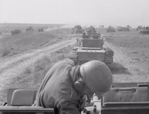 The 1st Polish Armoured Division in the Normandy Campaign 1944 Column of Cromwell and Sherman tanks of the 1st Polish Armoured Division moving towards enemy positions during the Battle of Falaise Pocket.