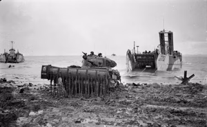 The British Army in North-west Europe 1944-45 A Sherman Crab flail tank coming ashore from an LCT during the invasion of Walcheren Island, 1 November 1944.