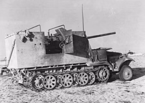 A damaged German SdKfz 6/3 (7,62 cm captured Russian F-22 gun 296(r) mounted on a SdKfz 6 half track) of the 605th Panzerjäger-Abteilung near El Alamein, Egypt, in August 1942.