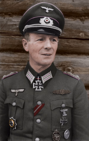 This is a retouched picture , which means that it has been digitally altered from its original version. Modifications: recolored . The original can be viewed here: Bundesarchiv Bild 101I-088-3743-15A, Gerhard Schmidhuber.jpg : . Modifications made by Ruffneck'88 . .mw-parser-output table.commons-file-information-table,.mw-parser-output .fileinfotpl-type-information,.mw-parser-output .fileinfotpl-type-artwork{border:1px solid var(--border-color-base,#a2a9b1);background-color:var(--background-color-interactive-subtle,#f8f9fa);padding:5px;font-size:95%;border-spacing:2px;box-sizing:border-box;margin:0;width:100%;color:inherit}.mw-parser-output table.commons-file-information-table>tbody>tr,.mw-parser-output .fileinfotpl-type-information>tbody>tr,.mw-parser-output .fileinfotpl-type-artwork>tbody>tr{vertical-align:top}.mw-parser-output table.commons-file-information-table>tbody>tr>td,.mw-parser-output table.commons-file-information-table>tbody>tr>th,.mw-parser-output .fileinfotpl-type-information>tbody>tr>td,.mw-parser-output .fileinfotpl-type-information>tbody>tr>th,.mw-parser-output .fileinfotpl-type-artwork>tbody>tr>td,.mw-parser-output .fileinfotpl-type-artwork>tbody>tr>th{padding:4px}.mw-parser-output .fileinfo-paramfield{background:#ccf;text-align:right;padding-right:0.4em;width:15%;font-weight:bold;color:inherit}.mw-parser-output .commons-file-information-table+table.commons-file-information-table,.mw-parser-output .commons-file-information-table+div.commons-file-information-table>table{border-top:0;padding-top:0;margin-top:-8px}@media only screen and (max-width:719px){.mw-parser-output table.commons-file-information-table,.mw-parser-output .commons-file-information-table .fileinfotpl-type-information,.mw-parser-output .commons-file-information-table .fileinfotpl-type-artwork{border-spacing:0;padding:0;word-break:break-word;width:100%!important}.mw-parser-output .commons-file-information-table>tbody,.mw-parser-output .fileinfotpl-type-information>tbody,.mw-parser-output .fileinfotpl-type-artwork>tbody{display:block}.mw-parser-output .commons-file-information-table>tbody>tr>td,.mw-parser-output .commons-file-information-table>tbody>tr>th,.mw-parser-output .fileinfotpl-type-information>tbody>tr>td,.mw-parser-output .fileinfotpl-type-information>tbody>tr>th,.mw-parser-output .fileinfotpl-type-artwork>tbody>tr>td,.mw-parser-output .fileinfotpl-type-artwork>tbody>tr>th{padding:0.2em 0.4em;text-align:left;text-align:start}.mw-parser-output .commons-file-information-table>tbody>tr,.mw-parser-output .fileinfotpl-type-information>tbody>tr,.mw-parser-output .fileinfotpl-type-artwork>tbody>tr{display:flex;flex-direction:column}.mw-parser-output .commons-file-information-table+table.commons-file-information-table,.mw-parser-output .commons-file-information-table+div.commons-file-information-table>table{margin-top:-1px}.mw-parser-output table .fileinfo-paramfield{box-sizing:border-box;flex:1 0 100%;width:100%}}.mw-parser-output table.commons-file-information-table,.mw-parser-output .fileinfotpl-type-information,.mw-parser-output .fileinfotpl-type-artwork,.mw-parser-output .fileinfo-paramfield{color:var(--color-base,#202122)}html.skin-theme-clientpref-night .mw-parser-output .fileinfo-paramfield{background:#2a2a5c;color:white}html.skin-theme-clientpref-night .mw-parser-output .fileinfotpl-type-artwork tbody>tr>th[style*="#ccf"]{background-color:#2a2a5c!important;color:white}@media screen and (prefers-color-scheme:dark){html.skin-theme-clientpref-os .mw-parser-output .fileinfo-paramfield{background:#2a2a5c;color:white}html.skin-theme-clientpref-os .mw-parser-output .fileinfotpl-type-artwork tbody>tr>th[style*="#ccf"]{background-color:#2a2a5c!important;color:white}} Gerhard Schmidhuber ( ) Photographer Fischer Archive description InfoField Description provided by the archive when the original description is incomplete or wrong. You can help by reporting errors and typos at Commons:Bundesarchiv/Error reports . Sowjetunion-Mitte.- Oberst Gerhard Schmidhuber; PK 670 (Porträt) Title Gerhard Schmidhuber Original caption For documentary purposes the German Federal Archive often retained the original image captions , which may be erroneous, biased, obsolete or politically extreme . Oberst Gerhard Schmidhuber, Kommandeur eines Panzerregiments Depicted people Schmidhuber, Gerhard : Generalleutnant, Ritterkreuz (RK), Heer, Deutschland Date 14 January 1944 date QS:P571,+1944-01-14T00:00:00Z/11 Collection German Federal Archives Native name Das Bundesarchiv Parent institution Federal Government Commissioner for Culture and Media Location Koblenz (headquarters) Coordinates 50° 20′ 32.71″ N, 7° 34′ 21.22″ E Established 1946 Website www.bundesarchiv.de Authority file : Q685753 VIAF : 137346469 ISNI : 0000000405552728 LCCN : n92025526 NLA : 36455393 OSM : 1844909 WorldCat institution QS:P195,Q685753 Current location Propagandakompanien der Wehrmacht - Heer und Luftwaffe (Bild 101 I) Accession number Bild 101I-088-3743-15A Source This image was provided to Wikimedia Commons by the German Federal Archive (Deutsches Bundesarchiv) as part of a cooperation project . The German Federal Archive guarantees an authentic representation only using the originals (negative and/or positive), resp. the digitalization of the originals as provided by the Digital Image Archive .
