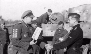 Sowjetunion.- Männer der Waffen-SS-Division "Das Reich", Oberscharführer Adolf Peichl mit Deutschem Kreuz in Gold und Panzervernichtungsabzeichen gratuliert dem Panzerkommandanten Soretz zum Abschuß des 2.000 Panzers durch die Division. — Russland