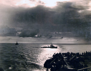 80-G-30232: Operation Torch, November 1942. U.S. destroyer cuts through the wake of a U.S. aircraft carrier on patrol, first day of fighting off North Africa, November 8. Official U.S. Navy Photograph, now in the collections of the National Archives. (2017/06/06).