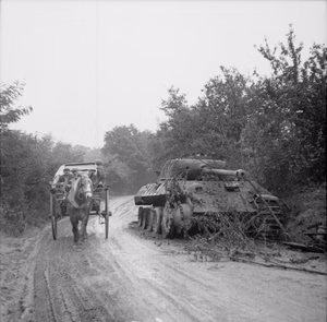 The British Army in Normandy 1944 French civilians in a pony and trap pass a knocked-out German Panther tank in the Falaise-Argentan area, 22 August 1944.