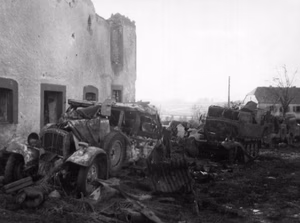 Destroyed German vehicles at Marnach, Luxembourg. The vehicles were destroyed by air attacks during the German withdrawal across the Our river in Northern Luxembourg, 22-25 January 1945.