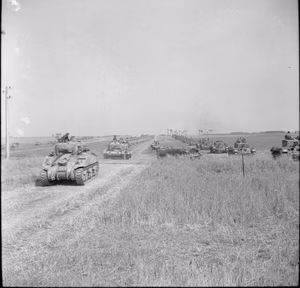 The Polish Army in the Normandy Campaign, 1944 Sherman and Cromwell tanks of the 1st Polish Armoured Division on the move at the start of Operation 'Totalise'.