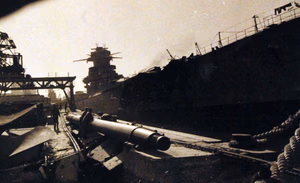 80-G-19924: Damaged ships at Casablanca Harbor, Morocco, during the first days of the U.S. campaign in North Africa. French battleship, Jean Bart, is shown damaged. (4/7/2015).