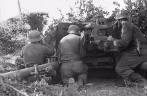 Frankreich.- Soldaten mit getarnter Panzerabwehrkanone in Stellung; PK Signal-Einsatz — Frankreich