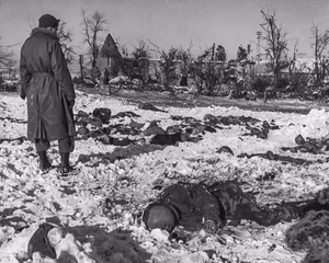 Malmedy massacre - approximately 70 members of Battery B killed after captured. Fair J. Bryant was traveling with Battery A of 285th at time of massacre. Occurred at beginning of Battle of the Bulge *Image ID: theb2930, Historic C&GS Collection *Location: Malmedy, Belgium *Photo Date: December 17, 1944 Source: NOAA : Most NOAA photos and slides are in the public domain and CANNOT be copyrighted. Higher resolution image available on site.