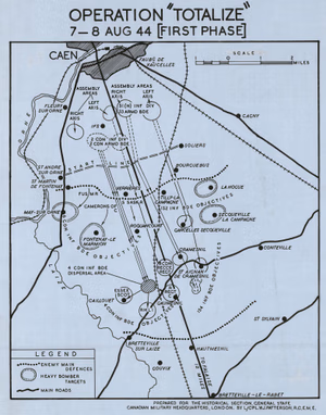 Map of the Canadian Corps’ advance south of Caen during Operation Totalize, 7–8 August 1944.
