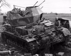 A damaged German Flakpanzer IV Wirbelwind near Metz, France, in December 1944.