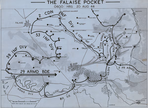 Map showing Allied encirclement operations around the Falaise Pocket at 0600 hrs on 20 August 1944.