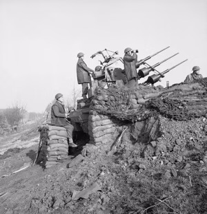 British Polsten triple 20mm anti-aircraft mounting on the banks of the Rhine, 25 March 1945.