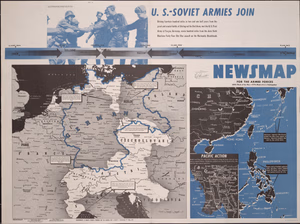 Maps show military activities throughout Europe, China, and the Philippines during the week. Inset map: Pacific action Photograph: U.S. Sixty-Ninth Division Infantrymen greet Red Army soldiers on the Elbe River bridge at Torgau. Accompanied by timeline showing dates, key cities, and mileage for both armies to meet.