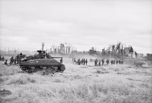 British Sherman tanks and infantry during the advance on Caen, Normandy, 9 July 1944. Sherman tanks and infantry during the advance on Caen, 9 July 1944.