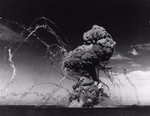 Liberty ship S.S. Robert Rowan explodes after being hit by a German air attack, during the invasion of Sicily, 11 July 1943. She had a cargo of ammunition.