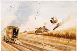 Breaking Through the Last of the German Minefields at El Alamein - 4th November 1942 image: In the foreground a damaged ambulance lies half-submerged in the sand, the back door detached. Two tanks, the foremost of which is clearly a Sherman, drive away from the viewer, creating a trail of sand and dust. Overhead the sky is filled with aircraft, clouds of smoke and explosions. One plane has been hit and is nose-diving towards the ground.