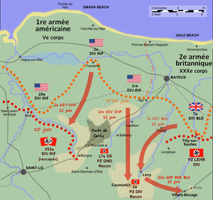 The formation of the "Caumont Gap". During the night of 9/10 June 1944 the German 352nd Infantry Division fell back under US pressure, creating a wide gap in the German front line. This was exploited by the British 7th Armoured Division in an attempt to flank the Panzer Lehr Division via Villers-Bocage and Point 213.