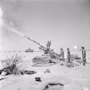 The British Army in North Africa 1942 A 4.5-inch field gun in action south of El Alamein, July 1942.