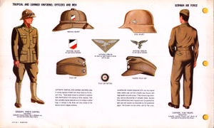 German Air Force (WW2 Luftwaffe ). Tropical and summer uniforms. Officers and men. August 1943. Sergeant, Traffic Control. Unteroffizier . Luftwaffe tropical blouse has a different cut and one less button than Army's. Tropical helmet; Steel helmet; National colors on right side of helmets; National emblem on left side of helmet. Field cap; National emblem as worn on right breast of shirts, and on caps; Field cap button [ Kokarde ]; visored field cap. Luftwaffe tropical and summer uniforms differ in varying degrees of detail frm those issued by the German Army. These details should be sufficient to establish basic identification in the absence of other material. Note that Luftwaffe tropical materials are of an orange or yellow tinge, in contrast to the khaki or olive shades of the German Army's tropical uniforms. Illustrated under parachutists are the tropical motor vehicle coat, and the long Luftwaffe trousers with thigh pocket and ankle straps. These trousers bag noticeably, and are characteristic of Luftwaffe troops. Because these uniforms have been frequently worn by parachutists, both coat and trousers are illustrated on the parachutist pages. The trousers are also widely used by Flak crews. Page (028) from "JAN #1 a joint Army and Navy publication UNIFORMS AND INSIGNIA prepared by the Military Intelligence Service and the Division of Naval Intelligence", a recognition manual released by the US War Departement during World War II for field use by the American fighting forces. This cumulative military manual was a "Joint Army-Navy" ("JAN") publication illustrating uniforms and insignia of the navies, armies and air forces of Japan , Nazi Germany ( Heer /German Army, Kriegsmarine /German Navy , Luftwaffe /German Air Force , Waffen-SS /German Armed Elite Guard ), Facist Italy , occupied France and the Netherlands (parts of their navies were based in Western Allied countries), neutral Facist Spain and Portugal , and Allied Turkey . The collection of plates was published as a US Government unclassified public document 1943-44, in the format of a pocket-sized loose-leaf string-tied binder allowing for additional pages and corrections. Today it is in the public domain without any known copyright restrictions. Legal disclaimer This image shows (or resembles) a symbol that was used by the National Socialist (NSDAP/Nazi) government of Germany or an organization closely associated to it, or another party which has been banned by the Federal Constitutional Court of Germany . The use of insignia of organizations that have been banned in Germany (like the Nazi swastika or the arrow cross ) may also be illegal in Austria , Brazil , the Czech Republic , France , Hungary , Poland , Russia , Ukraine and other countries , depending on context. In Germany, the applicable law is paragraph 86a of the criminal code (StGB), in Poland – Art. 256 of the criminal code (Dz.U. 1997 nr 88 poz. 553).