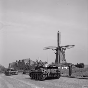 The British Army in North-west Europe 1944-45 Cromwell tanks of Guard's Armoured Division drive along 'Hell's Highway' towards Nijmegen during Operation 'Market-Garden', 20 September 1944.