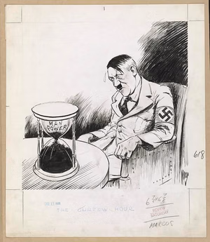 The curfew hour — Hitler, Adolf,--1889-1945. World War, 1939-1945--Germany. Hourglasses--1940-1950. Drawings. Editorial cartoons--American. — 1945 Mar. 11.