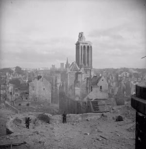 The British Army in Normandy 1944 A general view of Caen showing the extensive damage caused by Allied bombing, 9 July 1944.