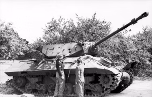 Frankreich-Nord.- Deutsche Panzersoldaten vor beschädigtem englischen Jagdpanzer "Achilles" (auf Basis des amerikanischen "M10 Wolverine"); PK 698 — Nordfrankreich