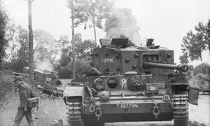 Frankreich, Villers-Bocage.- zerstörter britischer Panzer Cruiser tank VIII Cromwell (Turmnummer T 187796); PK Signal-Einsatz — Villers-Bocage