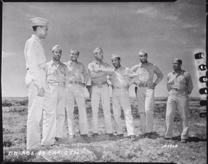"Staff officers of an...Air Corp Squadron near Fez, French Morocco. Left to right, Lt. Col. Benjamin O. Davis, C.O., Cap   NARA   531174