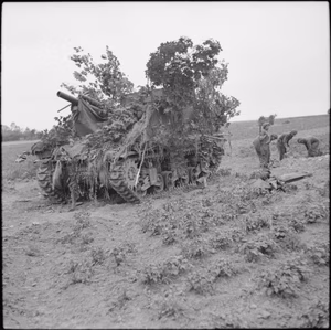 The British Army in the Normandy Campaign 1944 Camouflaged Priest 105mm self-propelled gun of 31st Field Regiment, Royal Artillery during the assault on Caen, 17 June 1944.