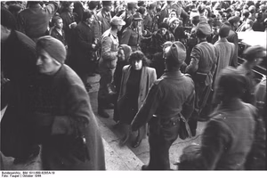 Ungarn, Budapest.- Ungarische und deutsche Soldaten treiben verhaftete Juden ins Stadttheater, 20./22. Oktober 1944; Einsatz Kompanie Lw zbV — Budapest