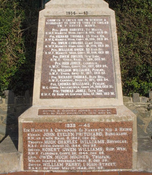 Bryngwran's fallen of Two World Wars The great majority of the fallen of WWI were members of the Royal Welsh Fusiliers - the casualties of the great battles of Mametz Wood, Ypres and Cambrai. Two of the five killed in WWII fell in the Italian Campaign and another in the liberation of Brussels by the Welsh Guards in Sept. 1944, after an advance of 100 miles in one day in what was described as 'an armoured lash unequalled for speed in this or any other war'