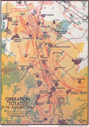 Colour tactical map of Allied advance south from Caen during Operation Totalize, 7–10 August 1944.