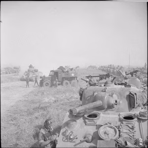 The Polish Army in the Normandy Campaign, 1944 Sherman tanks of the 1st Polish Armoured Division in line at the start of Operation 'Totalise'.